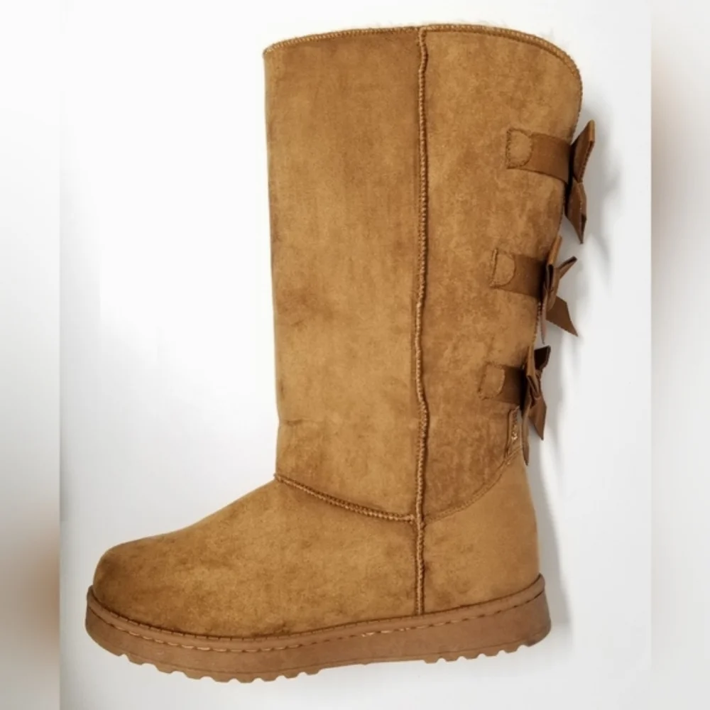 Suede Leather & Fur Lined Tall Boot Triple Bow Caramel Brown Sz 9 NWOT